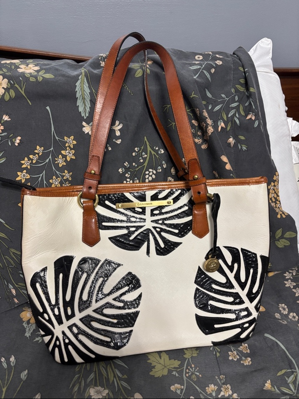 Brahmin Cream Monaco Palm Leaf All Day Tote Handbag with Brown Leather Straps